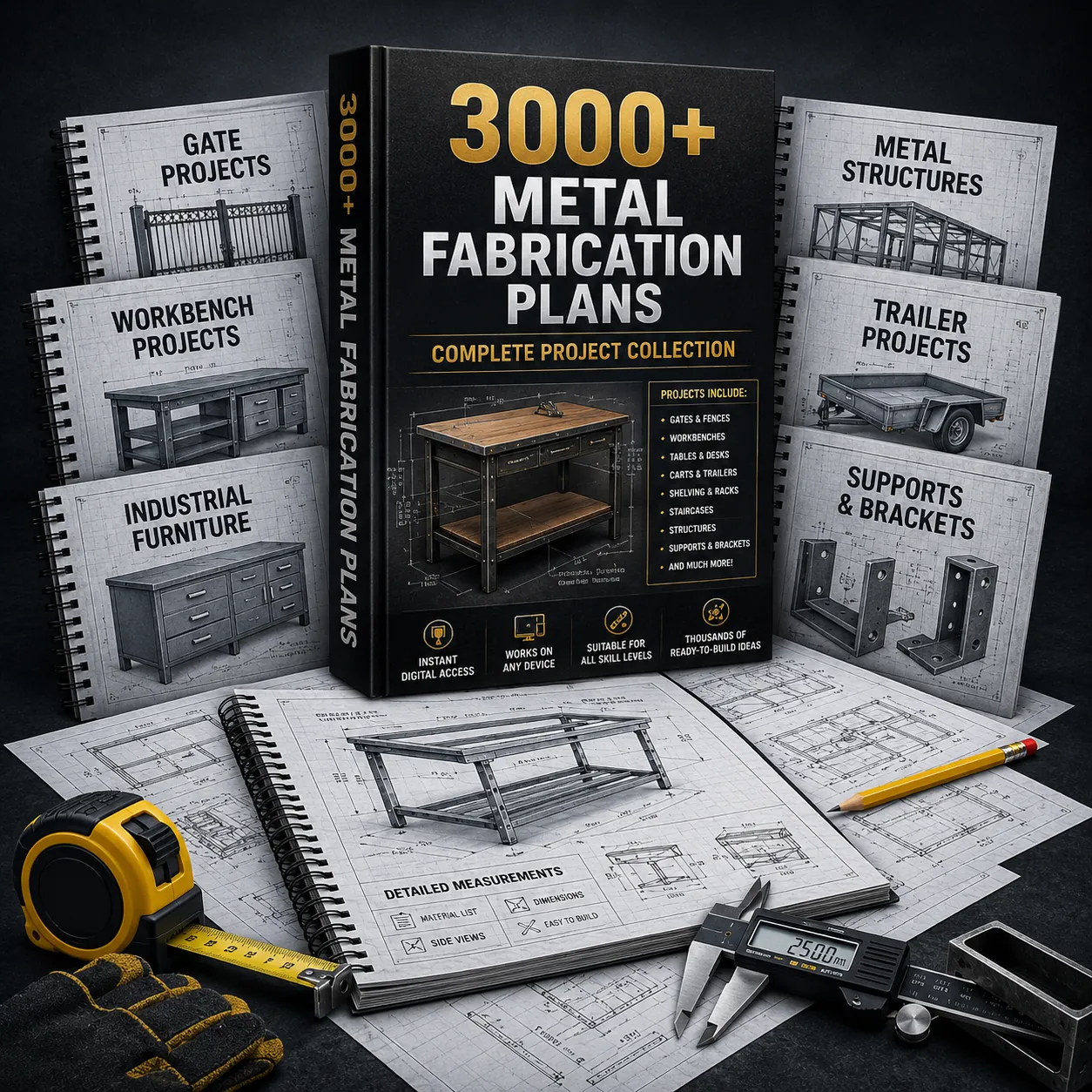 Product box showing the 3000+ metal fabrication plans collection and included bonus materials.