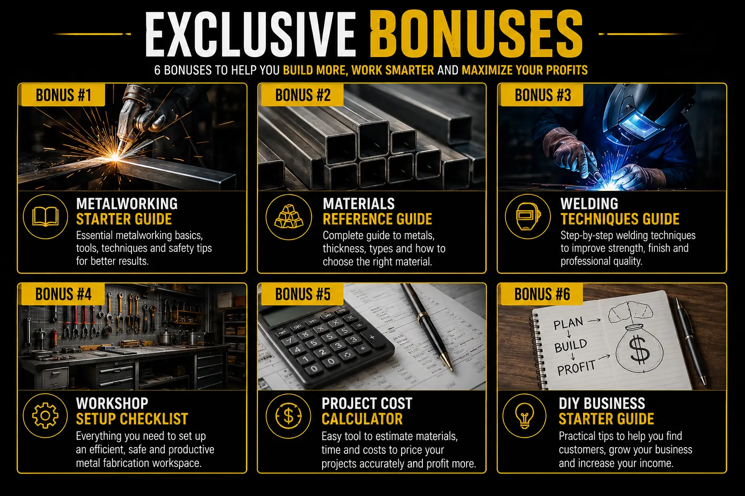 Bonus materials overview including metalworking guide, reference guide, welding guide and project calculator.