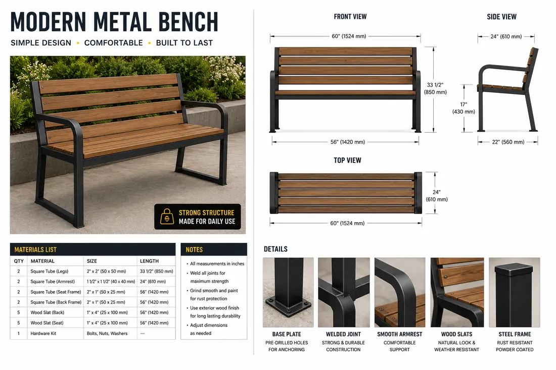 Modern metal bench project plan with dimensions and materials list.