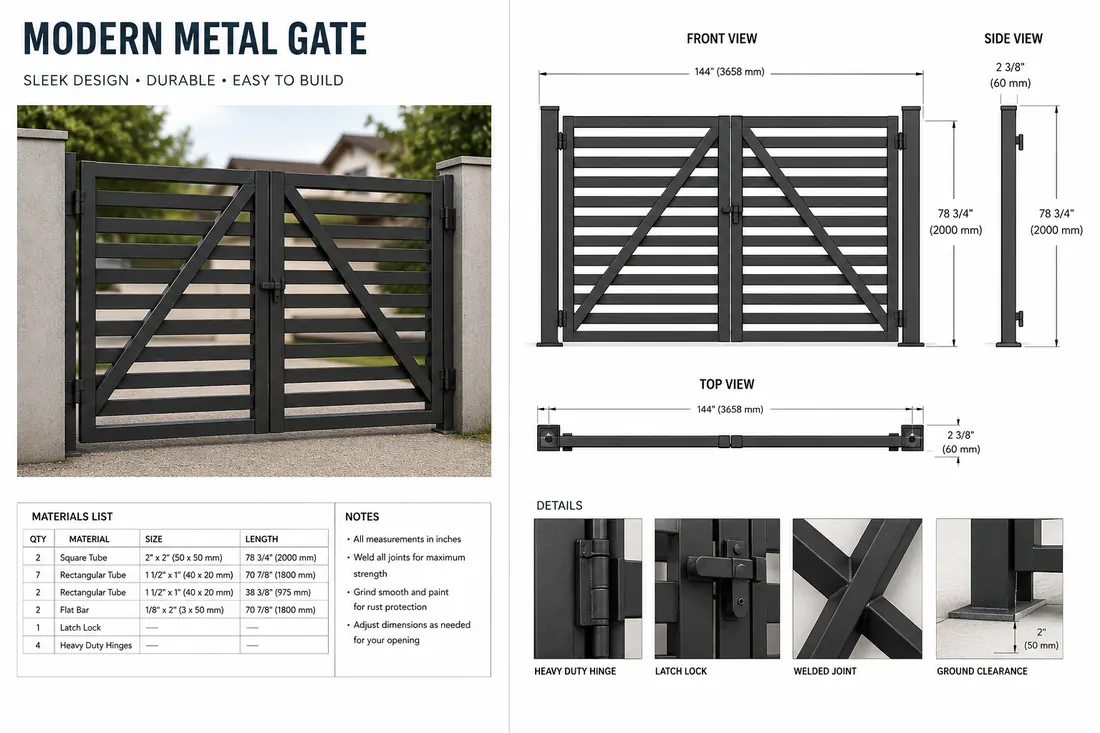 Metal gate plan with front, side and top views plus materials list.