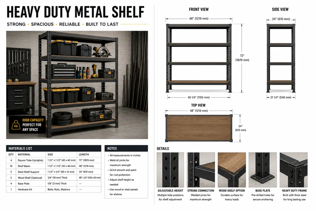 Heavy duty metal shelf drawing sheet with dimensions and construction details.