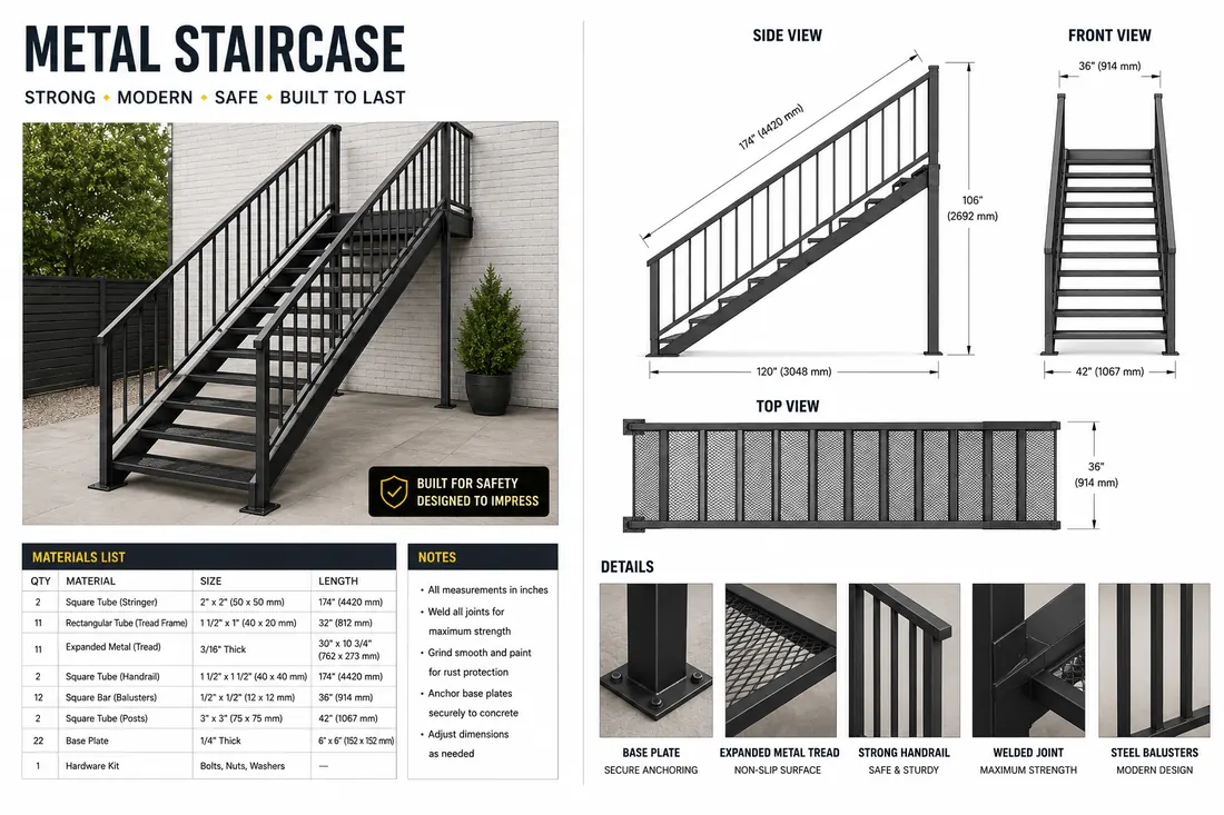 Metal staircase project plan with dimensional drawings and detail shots.