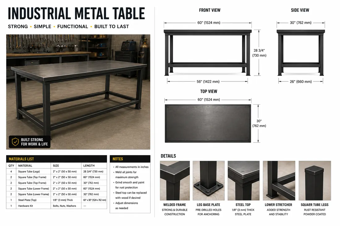 Industrial metal table plan with fabrication views and measurements.
