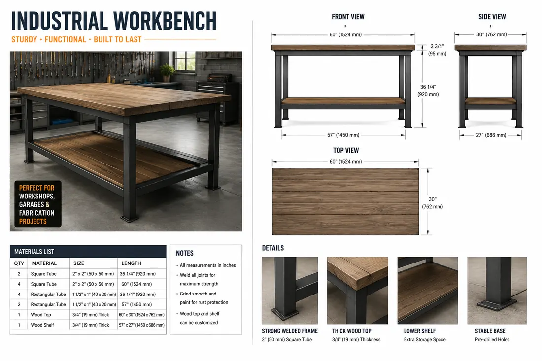 Industrial workbench plan sheet with materials and close-up details.