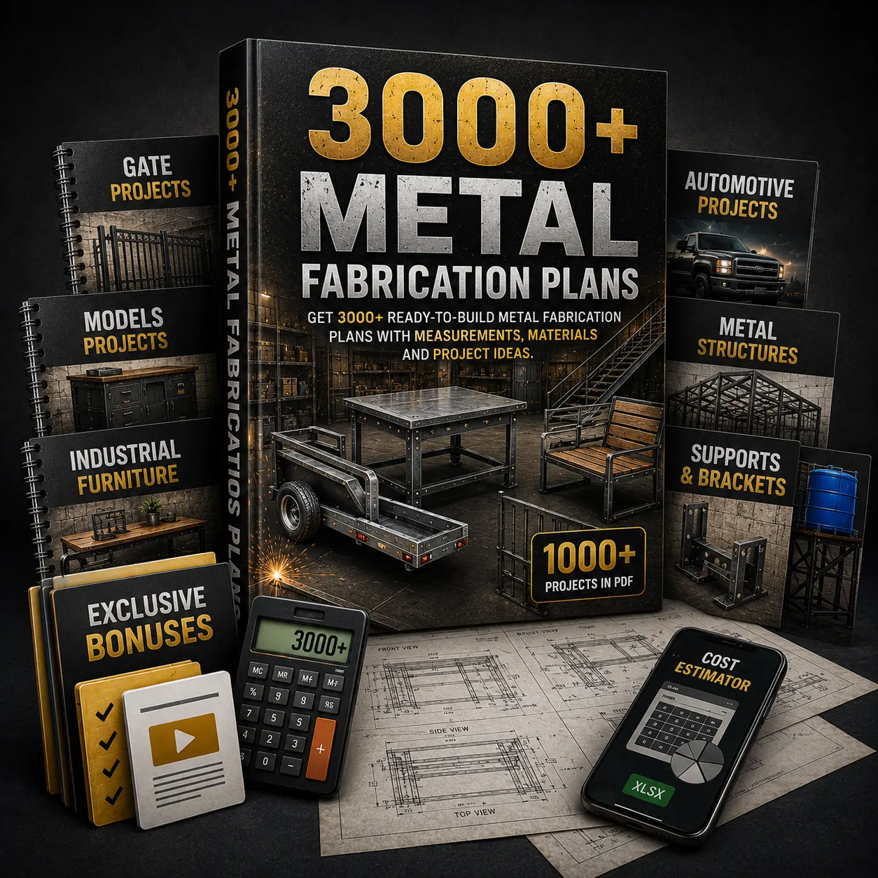 Product mockup showing the 3000+ metal fabrication plans collection and included bonus materials.